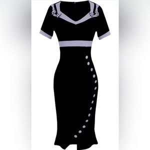 Women’s High Waist Black Grey Dress Elegant Career Business Sailor Short Sleeve